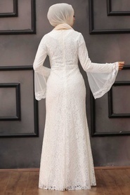 Tesettür Abiye Elbise - Dantelli Beyaz Tesettür Abiye Elbise 2567B - Thumbnail