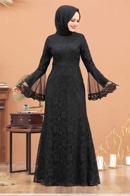 Tesettür Abiye Elbise - Dantelli Siyah Tesettür Abiye Elbise 2567S - Thumbnail
