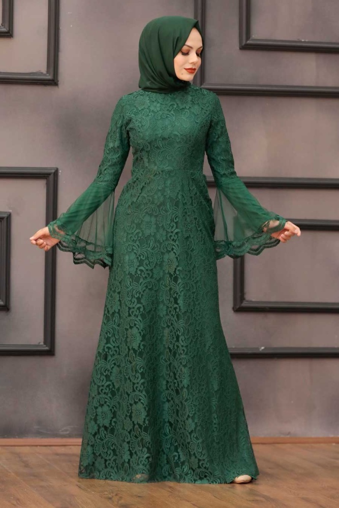 Tesettür Abiye Elbise - Dantelli Yesil Tesettür Abiye Elbise 2567Y - 2