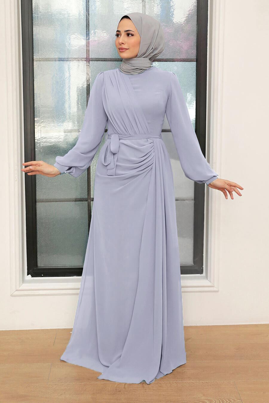 Tesettür Abiye Elbise - Drape Detaylı Açık Lila Tesettür Abiye Elbise 5711ALILA