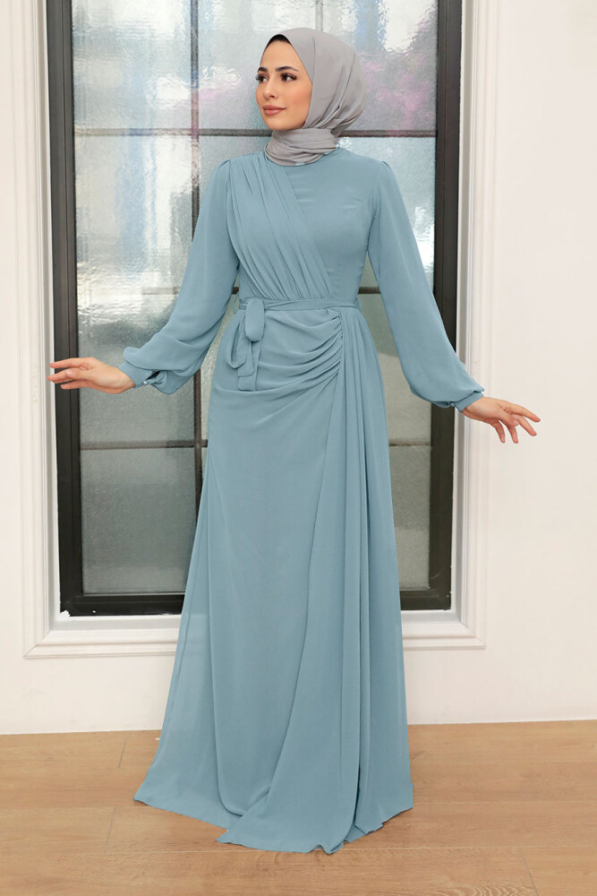 Tesettür Abiye Elbise - Drape Detaylı Bebek Mavisi Tesettür Abiye Elbise 5711BM - 1