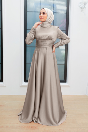 Tesettür Abiye Elbise - Drape Detaylı Bej Tesettür Abiye Elbise 2511BEJ - 1