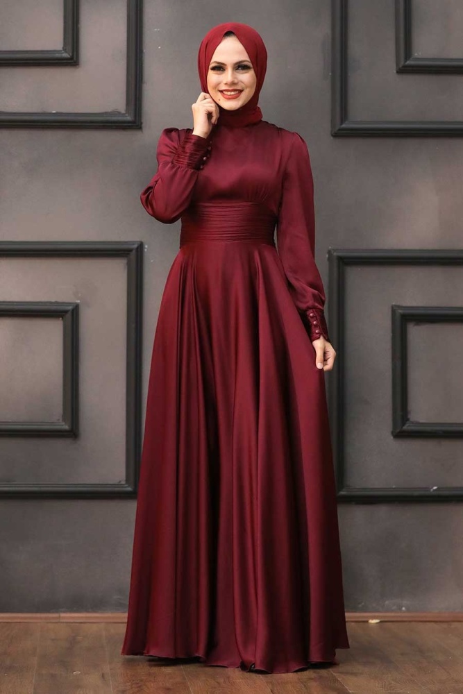 Tesettür Abiye Elbise - Drape Detaylı Bordo Tesettür Abiye Elbise 2511BR - 1