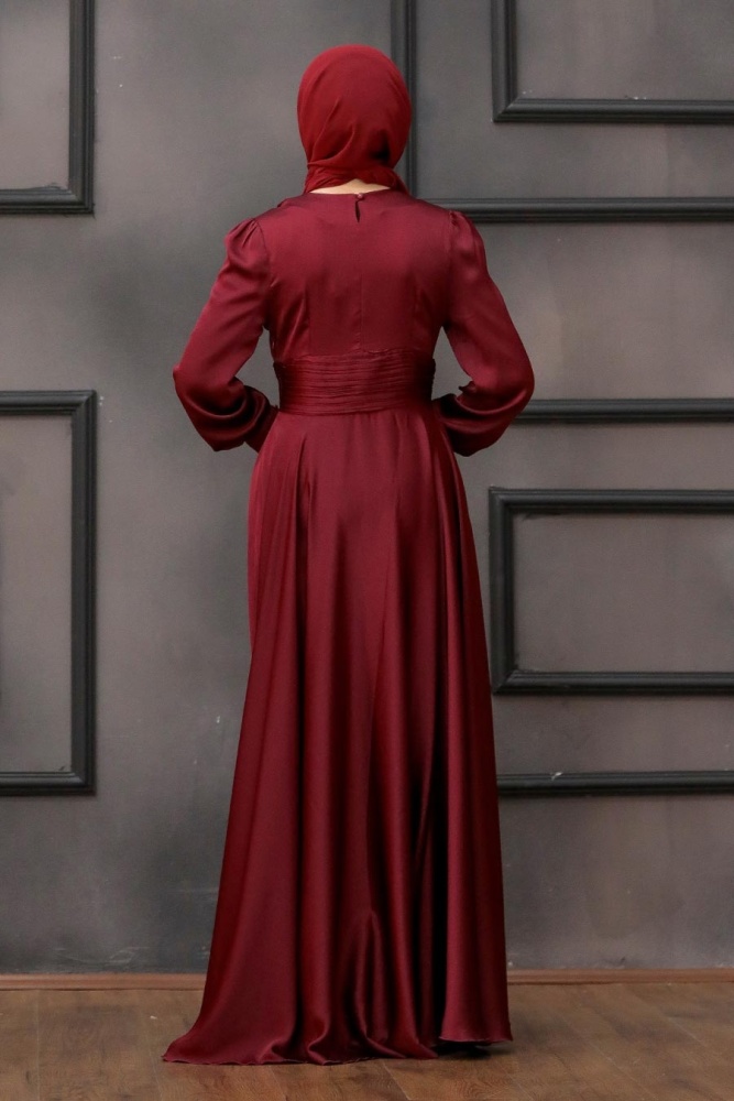 Tesettür Abiye Elbise - Drape Detaylı Bordo Tesettür Abiye Elbise 2511BR - 2