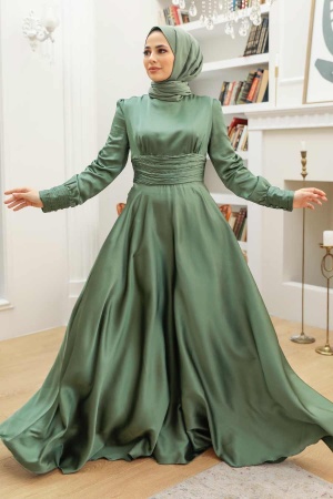 Tesettür Abiye Elbise - Drape Detaylı Çağla Yeşili Tesettür Abiye Elbise 2511CY - 1