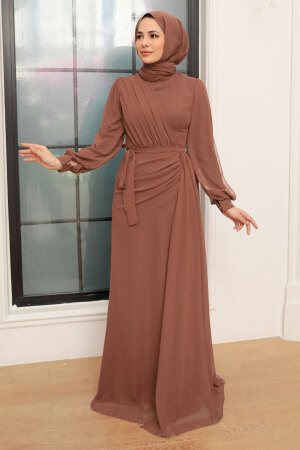 Tesettür Abiye Elbise - Drape Detaylı Çikolata Tesettür Abiye Elbise 5711ÇK - 1