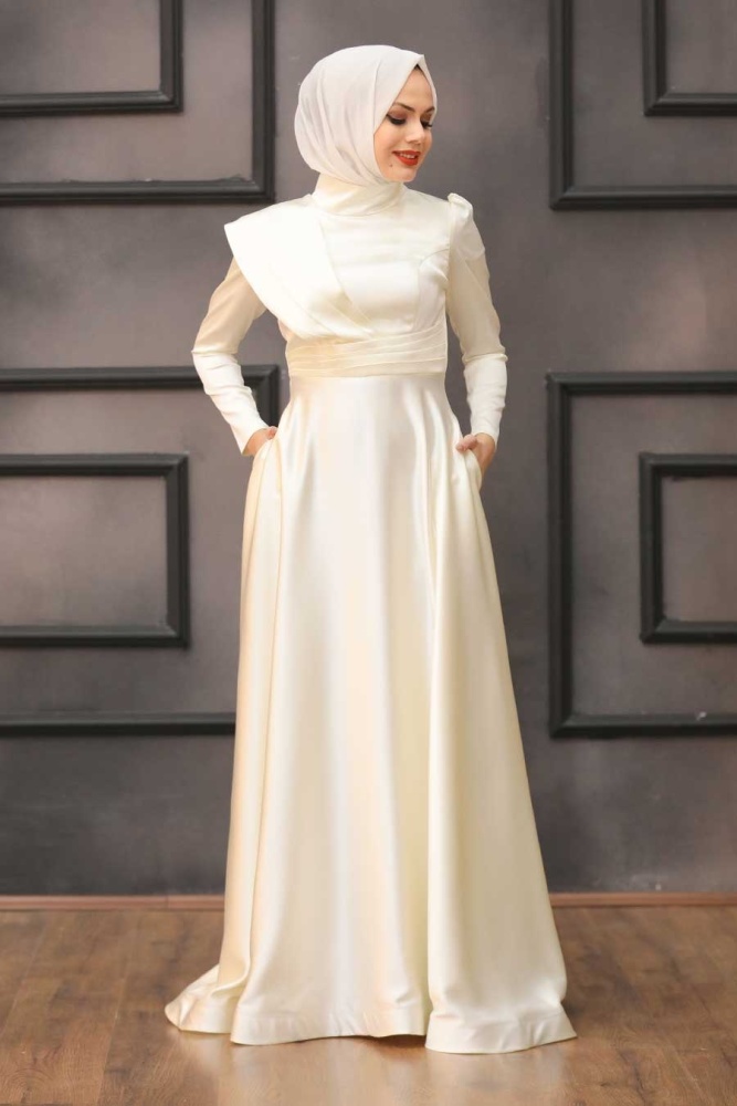 Tesettür Abiye Elbise - Drape Detaylı Ekru Tesettür Abiye Elbise 4106E - 2
