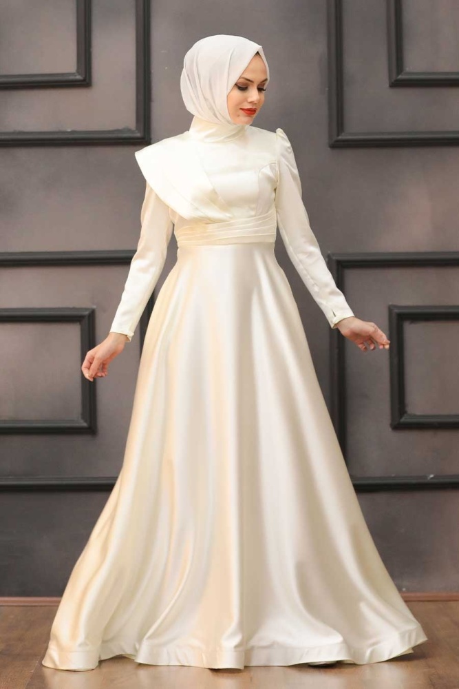 Tesettür Abiye Elbise - Drape Detaylı Ekru Tesettür Abiye Elbise 4106E - 1