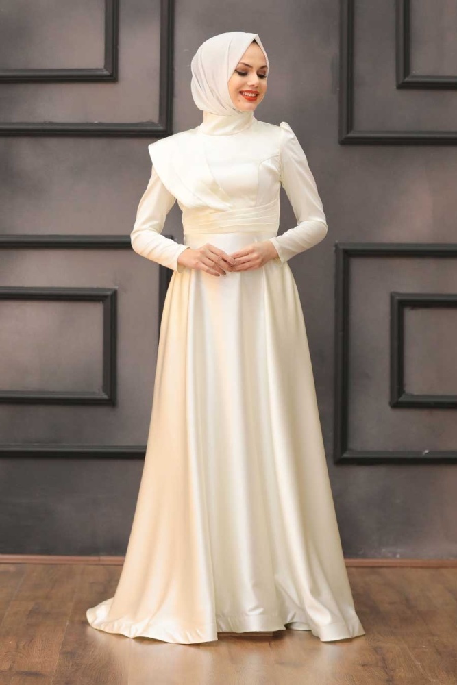 Tesettür Abiye Elbise - Drape Detaylı Ekru Tesettür Abiye Elbise 4106E - 3