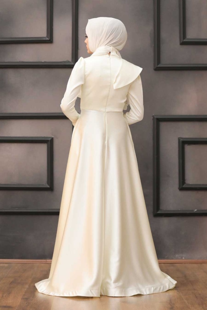 Tesettür Abiye Elbise - Drape Detaylı Ekru Tesettür Abiye Elbise 4106E - 4