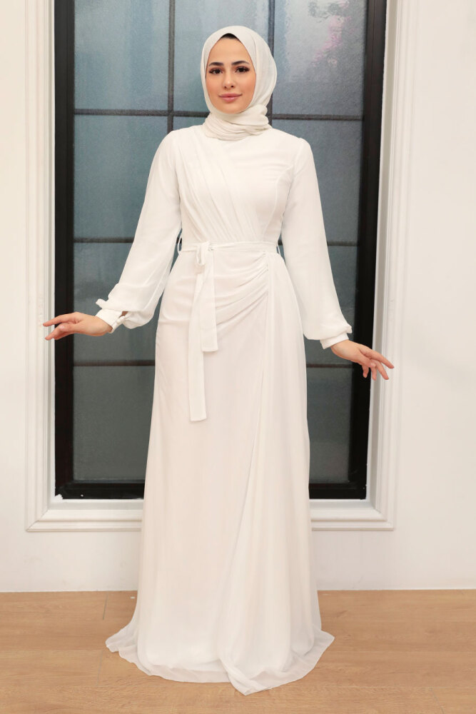Tesettür Abiye Elbise - Drape Detaylı Ekru Tesettür Abiye Elbise 5711E - 1