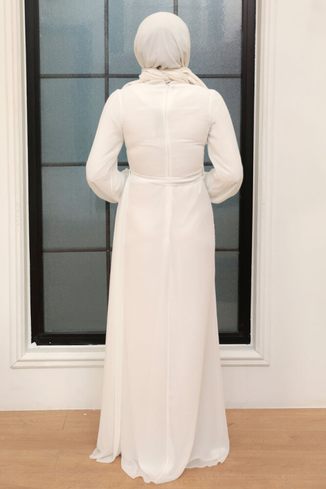 Tesettür Abiye Elbise - Drape Detaylı Ekru Tesettür Abiye Elbise 5711E - 2