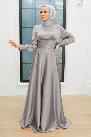 Tesettür Abiye Elbise - Drape Detaylı Gri Tesettür Abiye Elbise 2511GR - 1