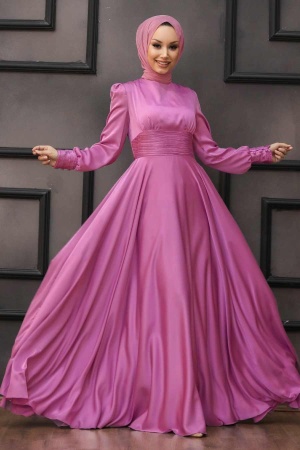 Tesettür Abiye Elbise - Drape Detaylı Gül Kurusu Tesettür Abiye Elbise 2511GK - 1
