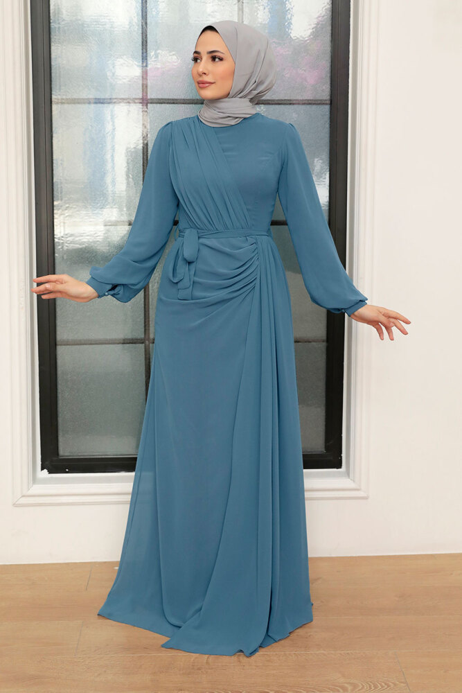 Tesettür Abiye Elbise - Drape Detaylı İndigo Mavisi Tesettür Abiye Elbise 5711IM - 1