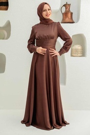 Tesettür Abiye Elbise - Drape Detaylı Kahverengi Tesettür Abiye Elbise 2511KH - Thumbnail