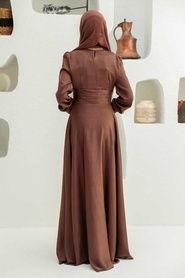 Tesettür Abiye Elbise - Drape Detaylı Kahverengi Tesettür Abiye Elbise 2511KH - Thumbnail