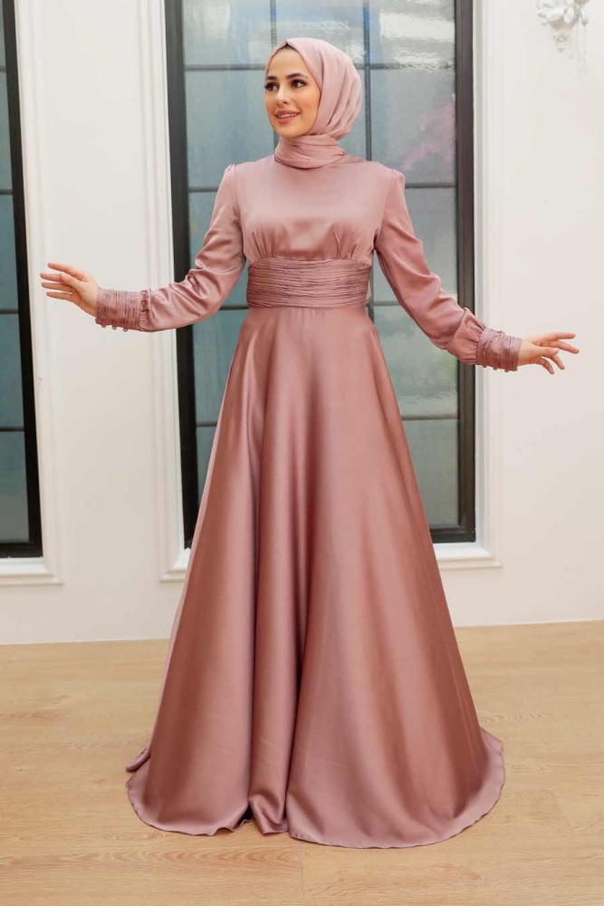Tesettür Abiye Elbise - Drape Detaylı Kiremit Tesettür Abiye Elbise 2511KRMT - 1