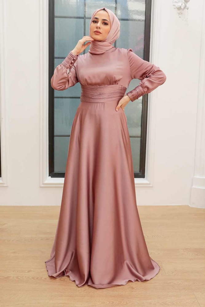 Tesettür Abiye Elbise - Drape Detaylı Kiremit Tesettür Abiye Elbise 2511KRMT - 2