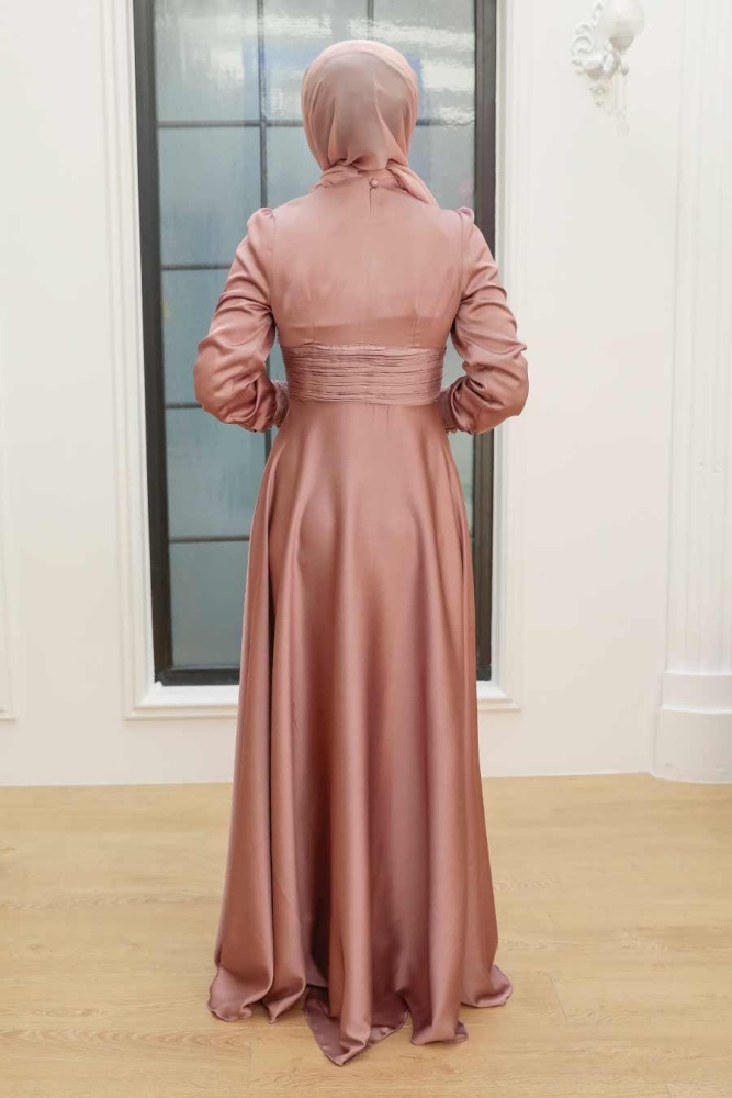Tesettür Abiye Elbise - Drape Detaylı Kiremit Tesettür Abiye Elbise 2511KRMT - 3