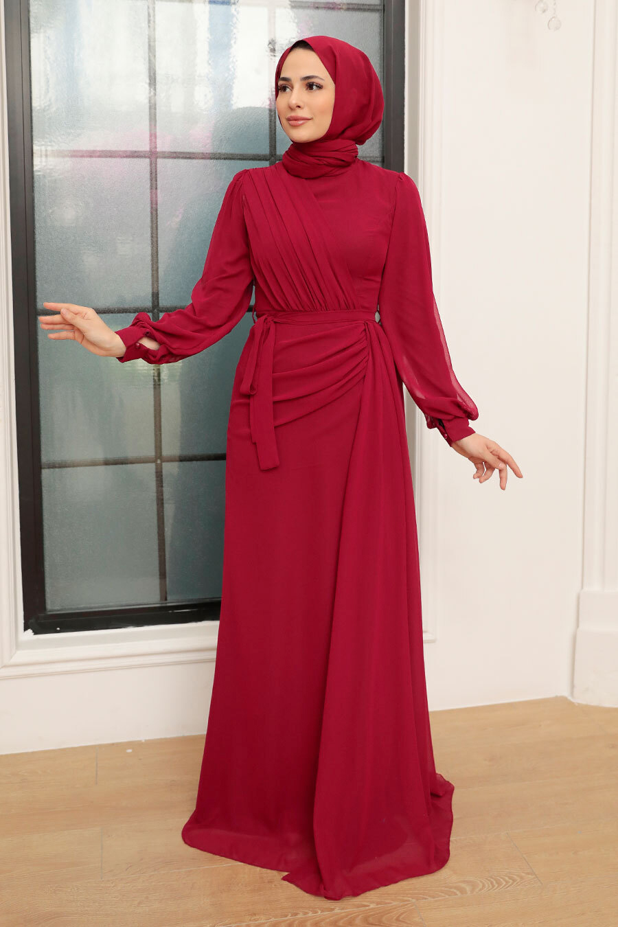 Tesettür Abiye Elbise - Drape Detaylı Kırmızı Tesettür Abiye Elbise 5711K