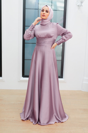 Tesettür Abiye Elbise - Drape Detaylı Koyu Gül Kurusu Tesettür Abiye Elbise 2511KGK - 1
