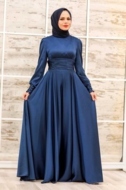Tesettür Abiye Elbise - Drape Detaylı Lacivert Tesettür Abiye Elbise 2511L - Thumbnail