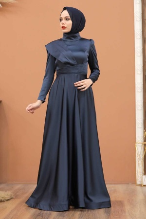 Tesettür Abiye Elbise - Drape Detaylı Lacivert Tesettür Abiye Elbise 4106L - 1