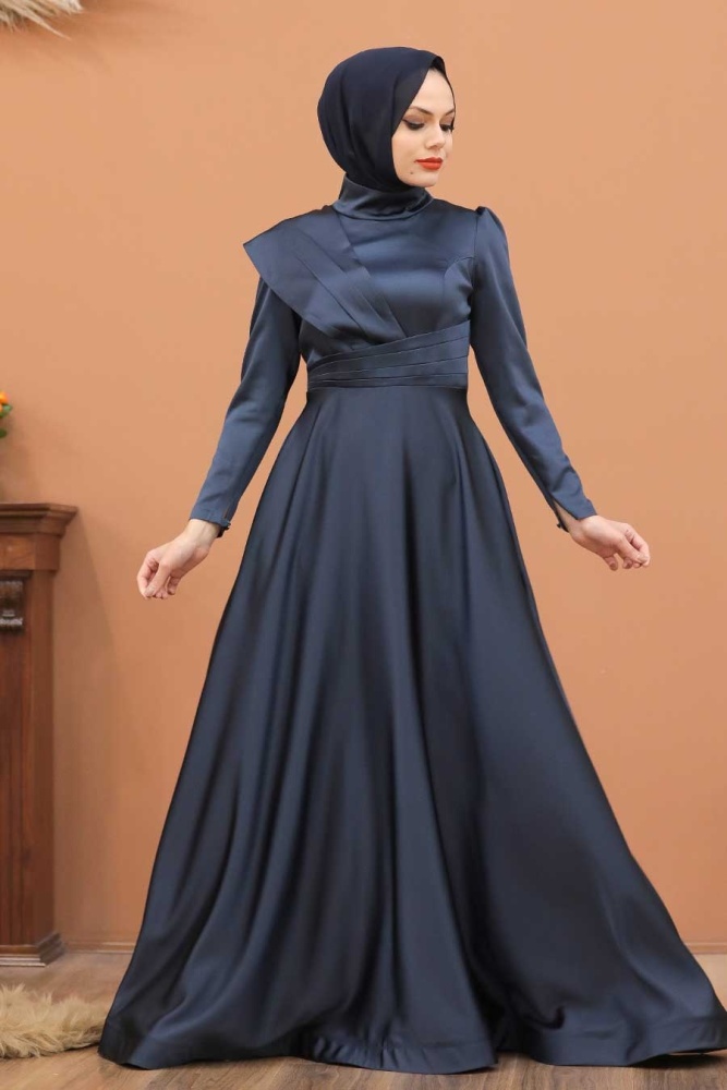 Tesettür Abiye Elbise - Drape Detaylı Lacivert Tesettür Abiye Elbise 4106L - 2