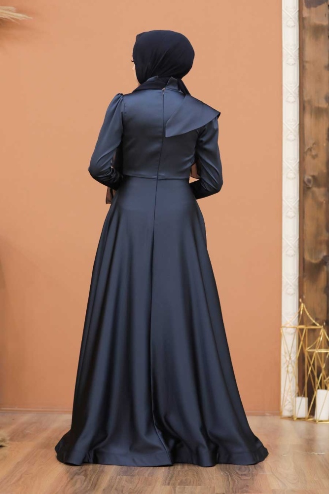 Tesettür Abiye Elbise - Drape Detaylı Lacivert Tesettür Abiye Elbise 4106L - 3