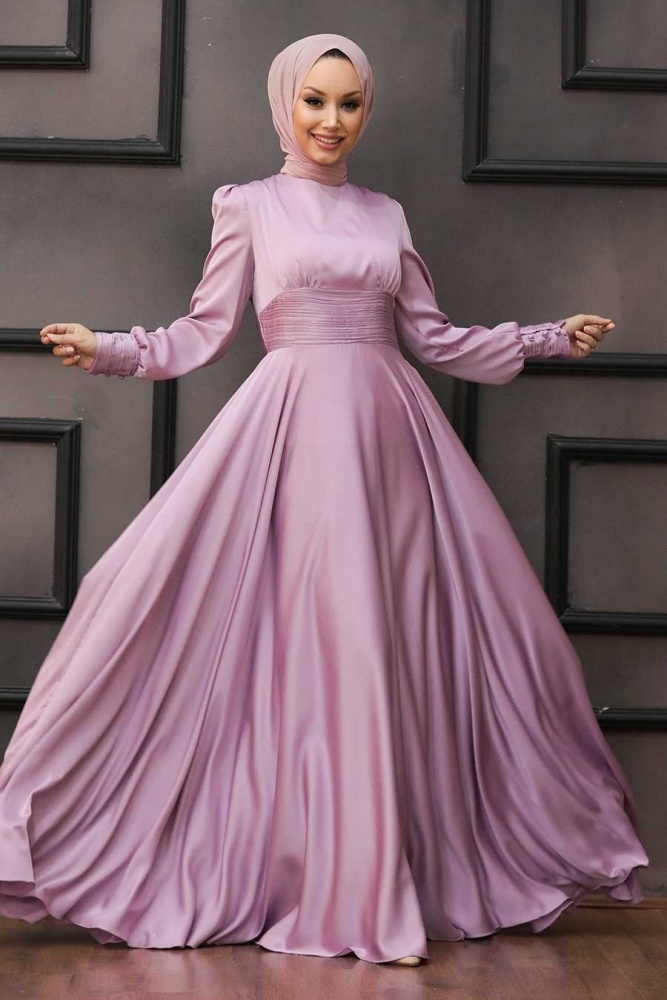 Tesettür Abiye Elbise - Drape Detaylı Lila Tesettür Abiye Elbise 2511LILA - 1
