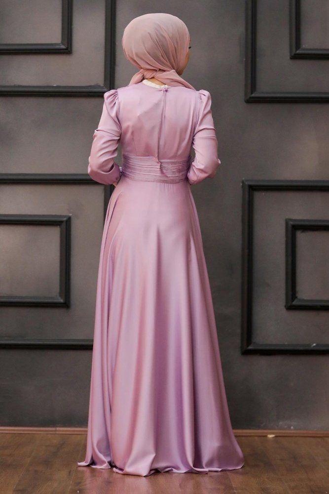 Tesettür Abiye Elbise - Drape Detaylı Lila Tesettür Abiye Elbise 2511LILA - 2