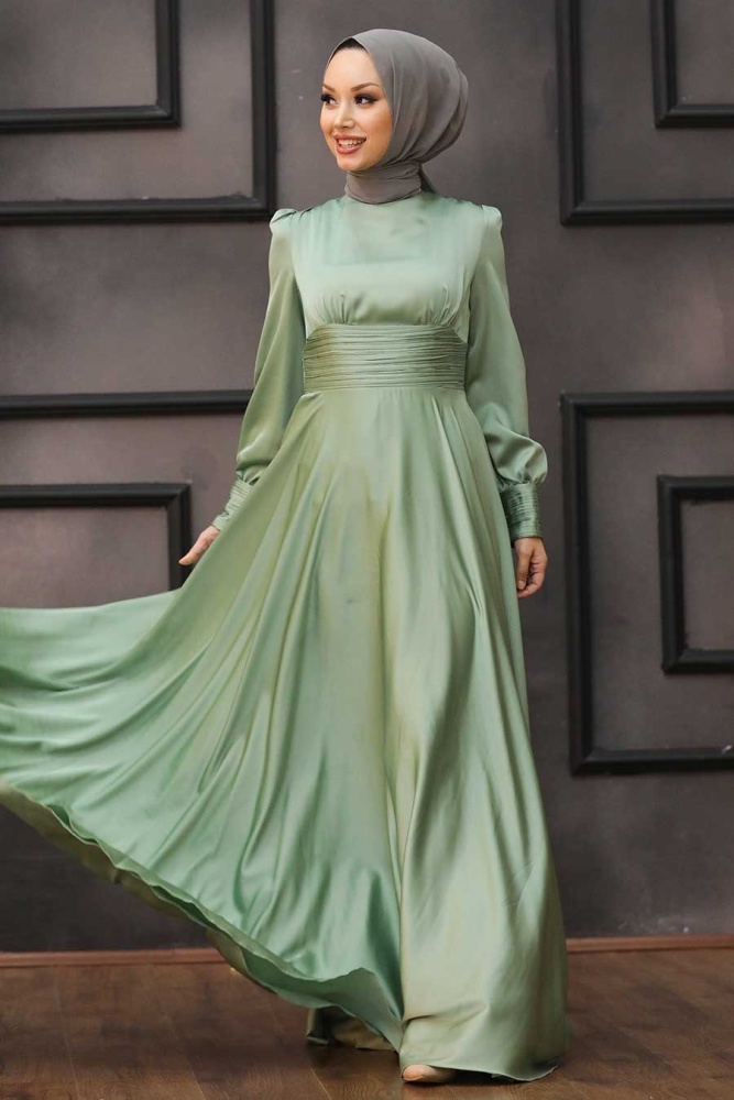 Tesettür Abiye Elbise - Drape Detaylı Mint Tesettür Abiye Elbise 2511MINT - 1