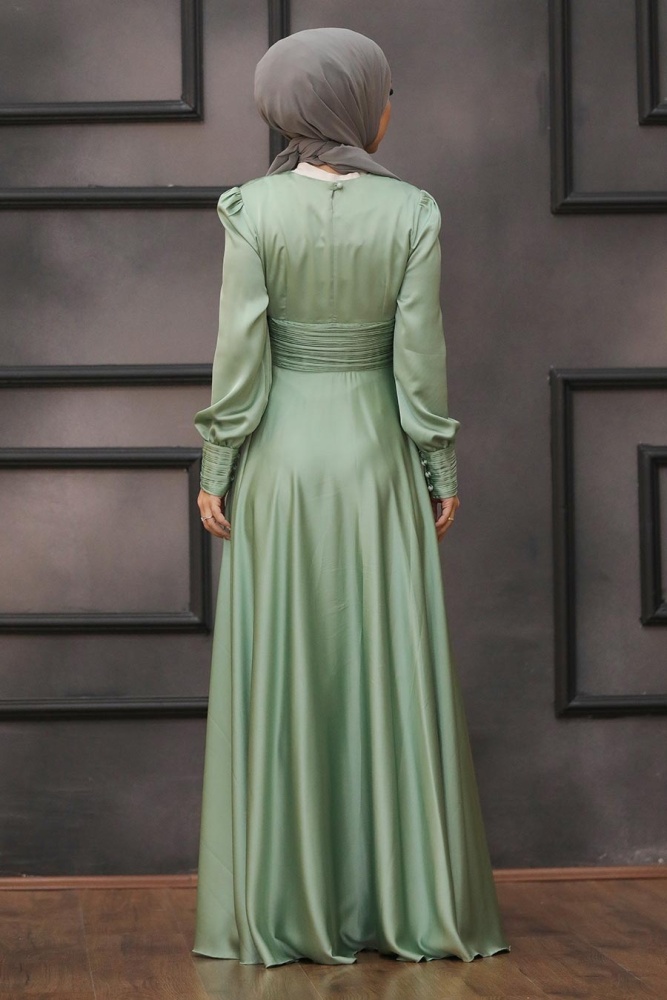 Tesettür Abiye Elbise - Drape Detaylı Mint Tesettür Abiye Elbise 2511MINT - 2