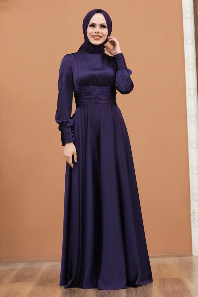 Tesettür Abiye Elbise - Drape Detaylı Mor Tesettür Abiye Elbise 2511MOR - 1
