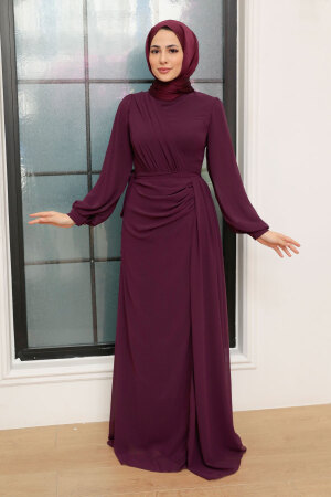 Tesettür Abiye Elbise - Drape Detaylı Mürdüm Tesettür Abiye Elbise 5711MU - 1