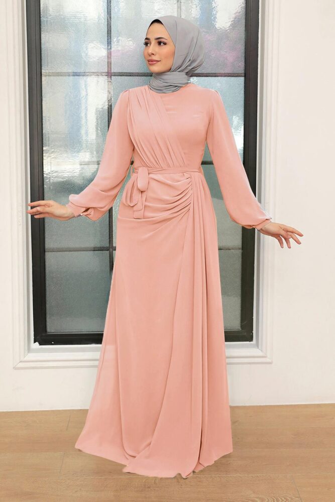 Tesettür Abiye Elbise - Drape Detaylı Pudra Tesettür Abiye Elbise 5711PD - 1