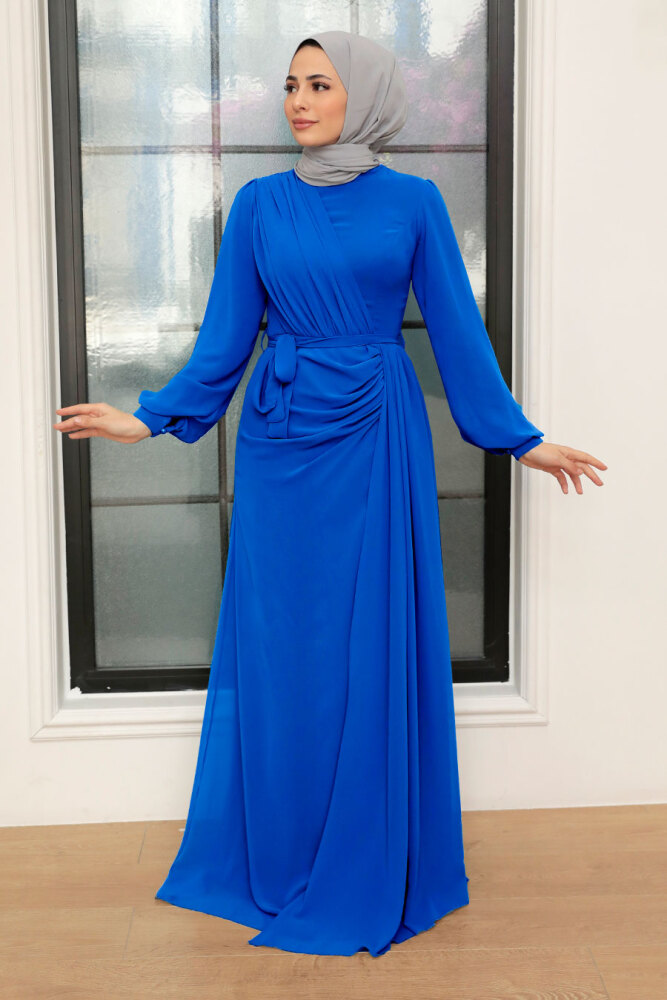 Tesettür Abiye Elbise - Drape Detaylı Sax Mavisi Tesettür Abiye Elbise 5711SX - 1