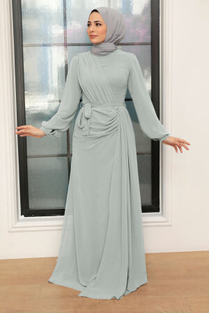 Tesettür Abiye Elbise - Drape Detaylı Tas Tesettür Abiye Elbise 5711TAS - 1