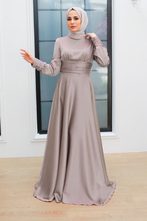 Tesettür Abiye Elbise - Drape Detaylı Vizon Tesettür Abiye Elbise 2511V - 1