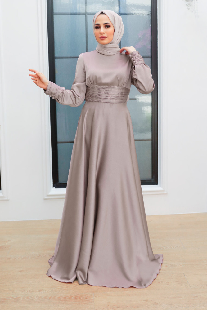 Tesettür Abiye Elbise - Drape Detaylı Vizon Tesettür Abiye Elbise 2511V - 1