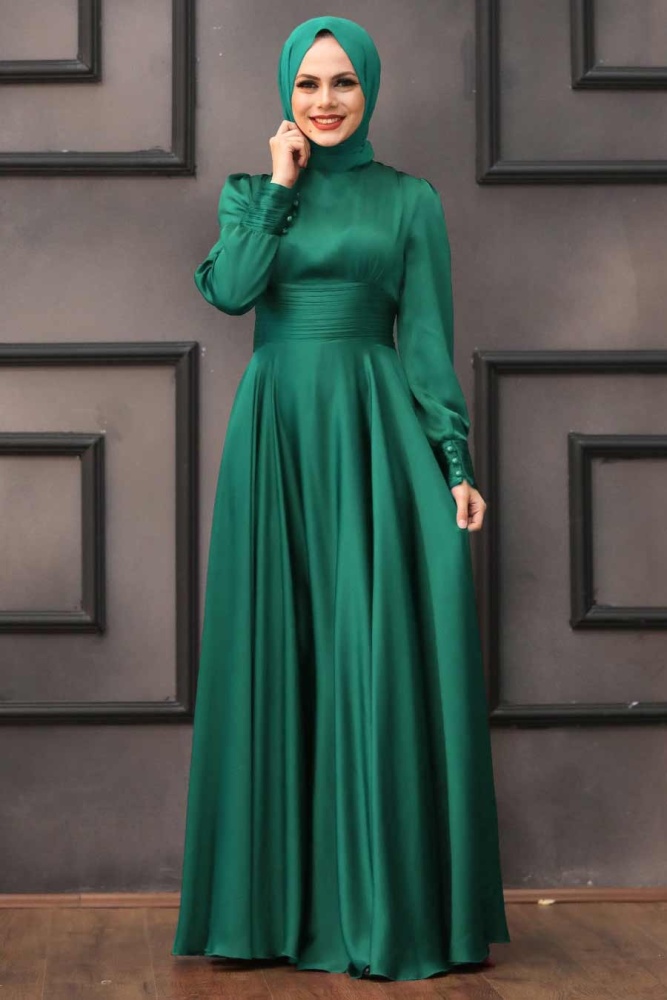 Tesettür Abiye Elbise - Drape Detaylı Yeşil Tesettür Abiye Elbise 2511Y - 1