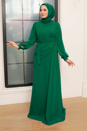 Tesettür Abiye Elbise - Drape Detaylı Yeşil Tesettür Abiye Elbise 5711Y - 1