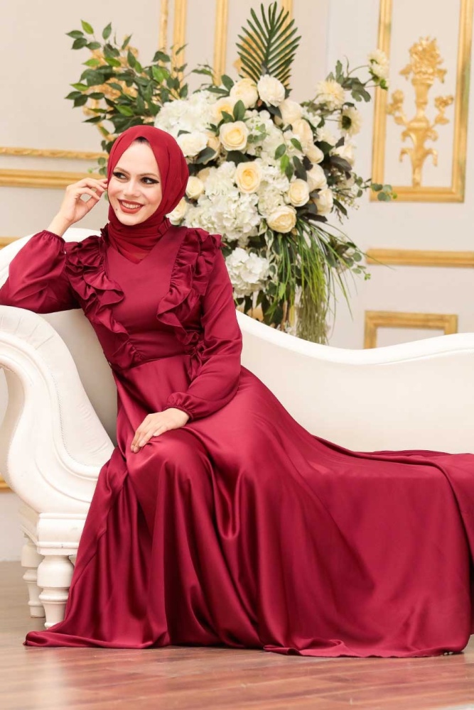 Tesettür Abiye Elbise - Fırfır Detaylı Bordo Tesettür Abiye Elbise 3117BR - 1