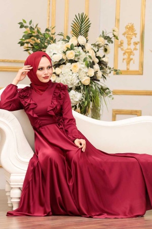 Tesettür Abiye Elbise - Fırfır Detaylı Bordo Tesettür Abiye Elbise 3117BR - 2