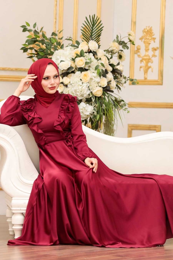 Tesettür Abiye Elbise - Fırfır Detaylı Bordo Tesettür Abiye Elbise 3117BR - 2