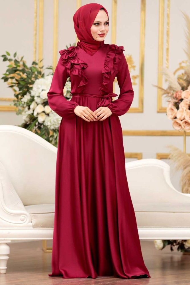 Tesettür Abiye Elbise - Fırfır Detaylı Bordo Tesettür Abiye Elbise 3117BR - 3
