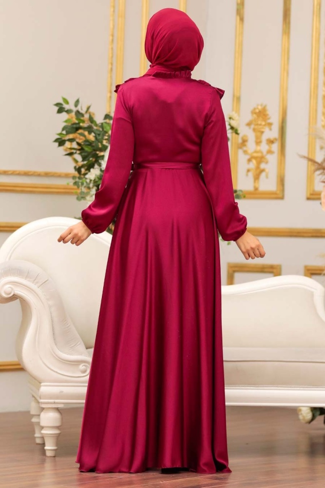 Tesettür Abiye Elbise - Fırfır Detaylı Bordo Tesettür Abiye Elbise 3117BR - 4