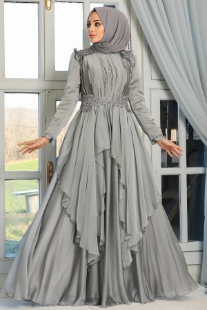 Tesettür Abiye Elbise - Fırfır Detaylı Gri Tesettür Abiye Elbise 21850GR - 1