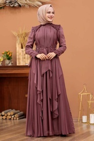 Tesettür Abiye Elbise - Fırfır Detaylı Kahverengi Tesettür Abiye Elbise 21850KH - Thumbnail